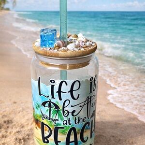 Beach-Themed Glass Mason Jar with Straw